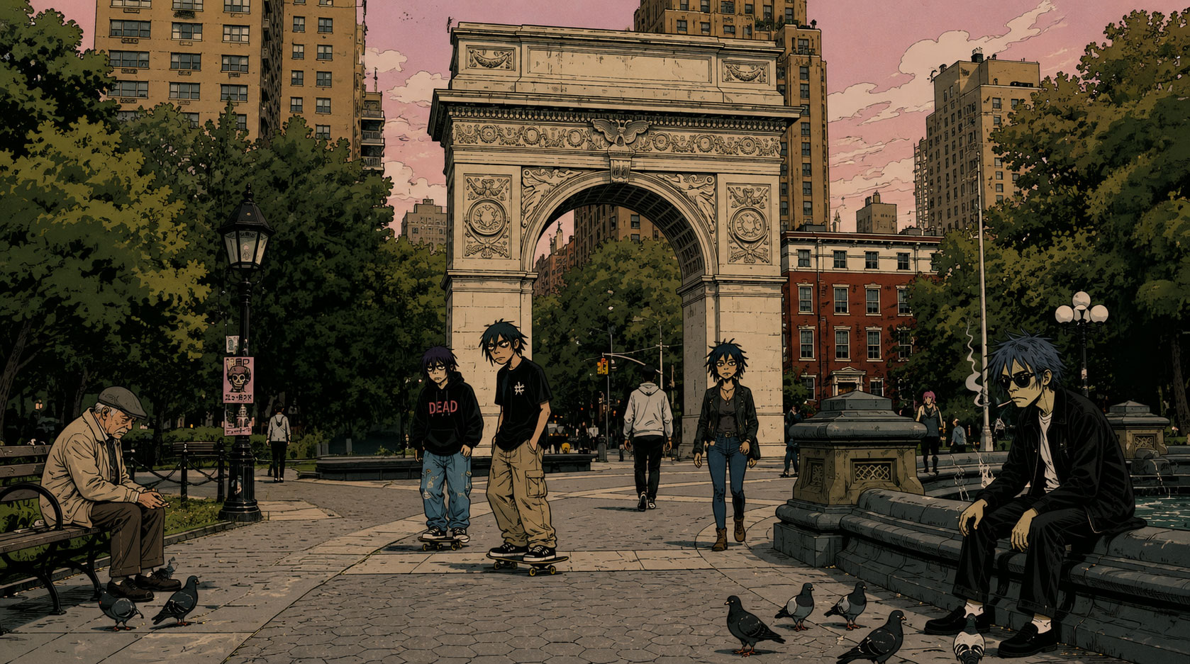 Illustrated Sato scene on a gritty New York street corner at dusk, skaters in the background, graffiti on the walls, late afternoon light fading