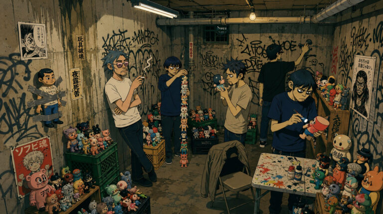 Illustrated Sato scene in a gritty urban setting with Labubu figures visible, neon light, Japanese text, street art on the walls