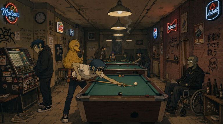 Illustrated Sato scene outside a record shop at night, Japanese text on the walls, figures in shadow, gritty urban atmosphere