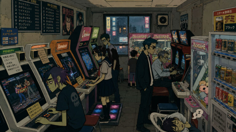 Illustrated Sato scene in a retro gaming environment, bright flat 2D aesthetic, Japanese pop culture references on the walls, warm nostalgic lighting