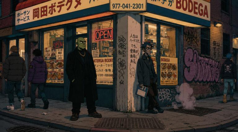 Illustrated scene of Sato holding a floppy disk outside a Japanese bodega at night, figures on the street, graffiti on the walls, neon open sign glowing red