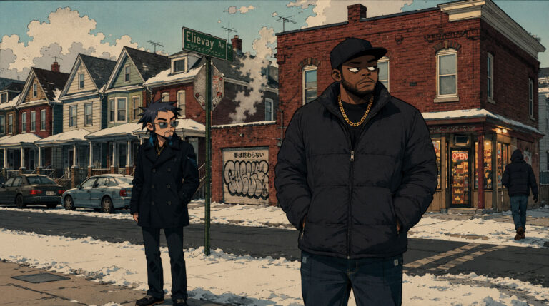 Illustrated Sato scene on a winter Buffalo street, row houses in background, snow on the ground, figures in heavy coats, flat grey light