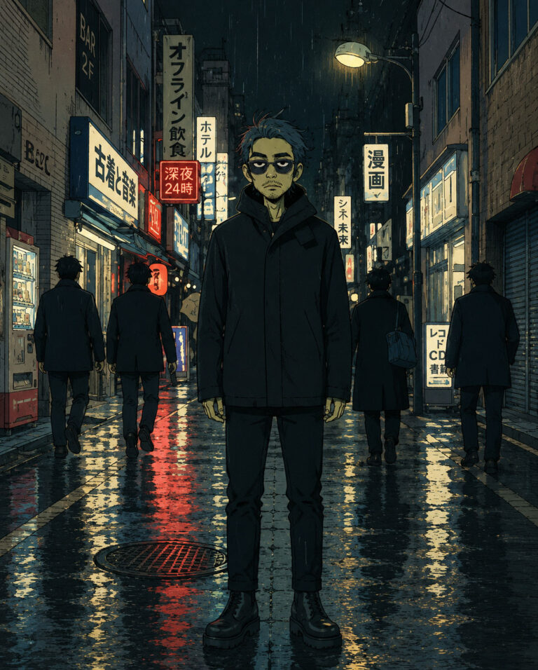Illustrated Sato scene on a dark urban street at night, figures in all black clothing, neon reflections on wet pavement, cool desaturated atmosphere