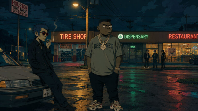 Illustrated Sato scene on a Houston street corner at night, strip mall in background, figures in the foreground, warm sodium light and neon reflections on wet pavement